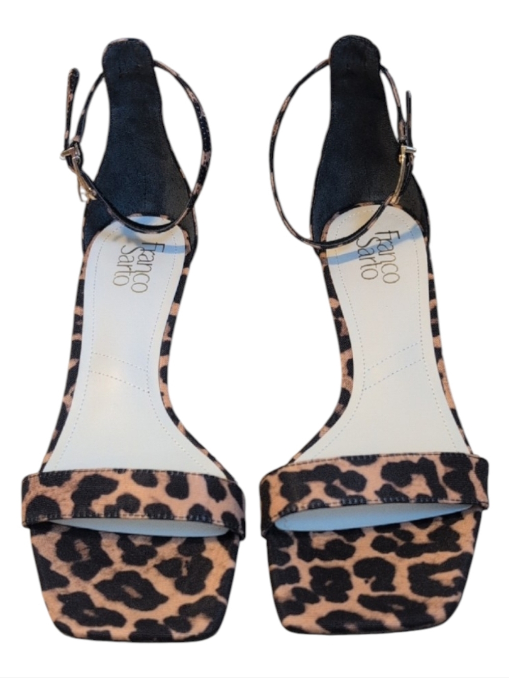 Franco Sarto Leopard Print Ankle Strap Heels - Black & Tan